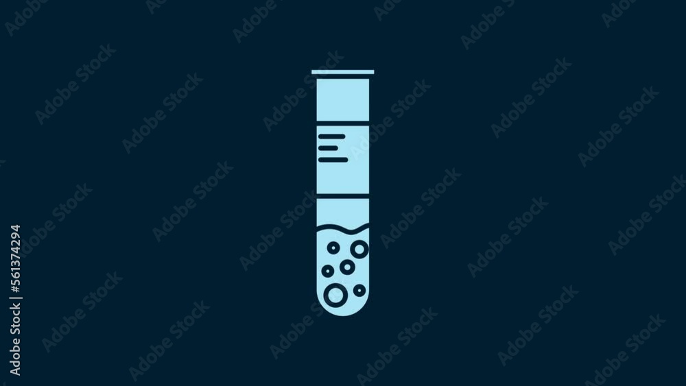 Sticker White Test tube and flask chemical laboratory test icon isolated on blue background. Laboratory glassware sign. 4K Video motion graphic animation