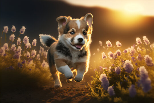 Dog, puppy running playfully through spring flowers at sunset. AI Illustration