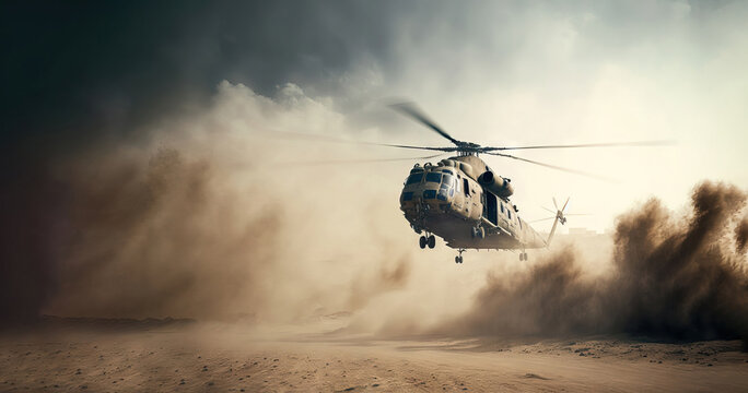 military chopper crosses crosses fire and smoke in the desert, wide poster design with copy space area