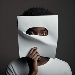 African-American person with face covered by blank sheet , generated by AI