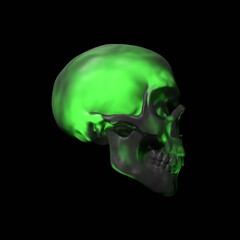 Skull green glowing spooky toxic neon green light side view 3D render