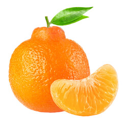 Clementine or minneola tangelo citrus fruit with one peeled segment, cut out - obrazy, fototapety, plakaty