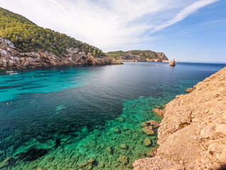 Cala Benirras beach with turquoise sea water, Ibiza island, Spain
