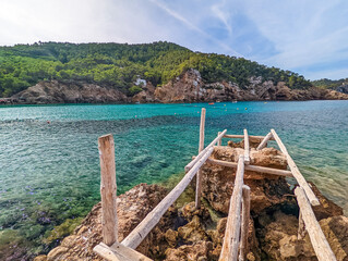 Fototapeta na wymiar Cala Benirras beach with turquoise sea water, Ibiza island, Spain