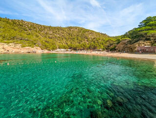 Cala Benirras beach with turquoise sea water, Ibiza island, Spain