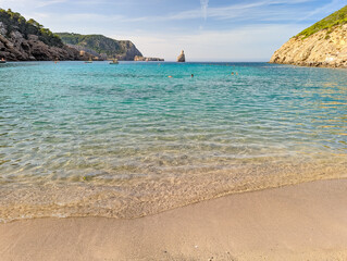 Cala Benirras beach with turquoise sea water, Ibiza island, Spain