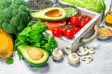 Healthy food. Variety of organic vegetables and fruits .