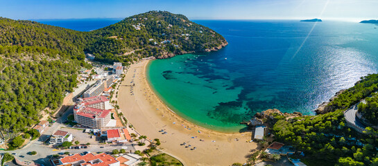 Ibiza, Balearics, Spain - Cala de San Vincente or Sant Vincent, bay with beach