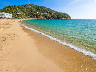 Ibiza, Balearics, Spain - Cala de San Vincente or Sant Vincent, bay with beach