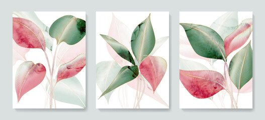 Fototapeta Luxury art background with tropical leaves in pink and green with gold line elements. Botanical set of prints for decor, invitations, wallpapers, textiles, interior design. obraz