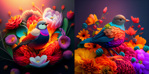 Illustration of a birds into a flowers bloom, collection.