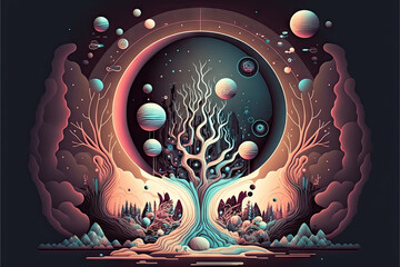 Abstract painting of a landscape with trees and planets, digital art, space art, fantasy, digital illustration, hd