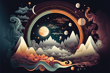 Abstract painting of a landscape with trees and planets, digital art, space art, fantasy, digital illustration, hd