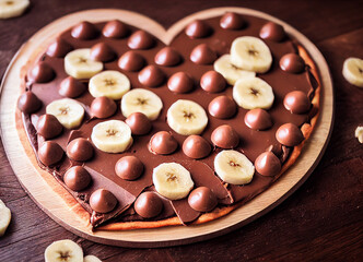 Heart shaped choco pizza dessert with bananas