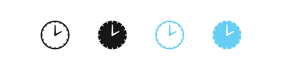 Clock icon. Time symbol. Watch signs. Hour, minute, second timer symbols. Deadline icons. Black and color. Vector sign.