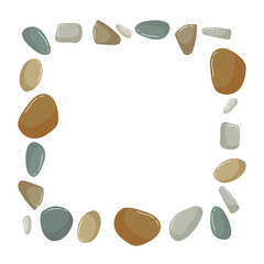 Beach pebbles frame. Square frame with Various shapes different colors with copy space. Vector Modern illustration isolated on white background. Beach, Spa, garden stones. Sea rocks. Nature organic.