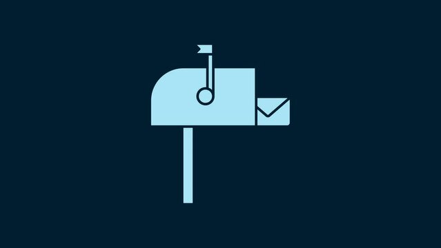 White Open mail box icon isolated on blue background. Mailbox icon. Mail postbox on pole with flag. 4K Video motion graphic animation