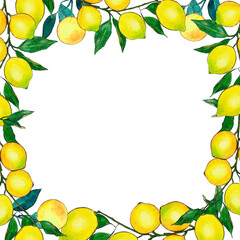 Watercolor square frame with yellow lemons and green leaves on a transparent. Suitable for social media posts, postcards, invitations, mobile apps, banners design, web, internet ads and more.