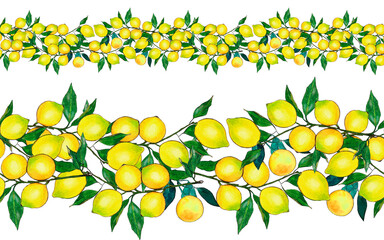 Watercolor seamless border and pattern with yellow lemons and green leaves on a transparent backdrop. Suitable for social media posts, postcards, invitations, prints, banners, fabrics and more.