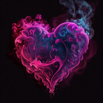 Pink smoke in the shape of a heart on a dark background. Created with Generative AI