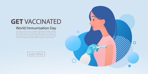 World Immunization Day concept. Woman getting vaccinated illustration on blue background. Preventive healthcare banner.