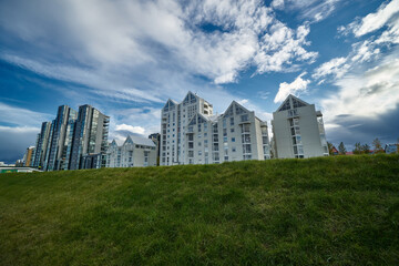 Fototapeta premium White buildings in the middle of the grass in Iceland in a cloudy dat