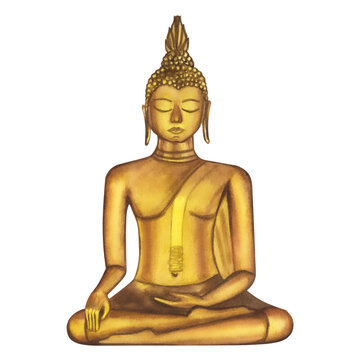 Large golden statue of a seated Buddha. Religious symbol of Asia: Thailand, China. Hand-drawn watercolor illustration isolated on white background