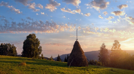 Sunset on summer mountainous green meadow with stack of hay (Slavske village, Carpathian Mts, Ukraine).