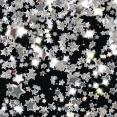Shiny silver star confetti glitter partly blurred on night sky background (3D Rendering)