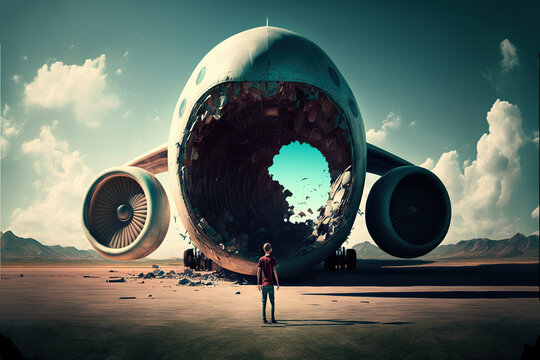 Created with Generative AI technology. Man afraid to flight. Person looking on ruined aircraft in his nightmare
