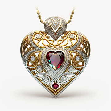 golden locket necklace heart pendent red and white gemstones jewellery
