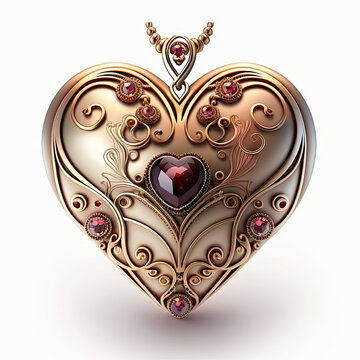 artistic golden heart locket, red gems necklace pendant for valentine's gifts 3d rendered