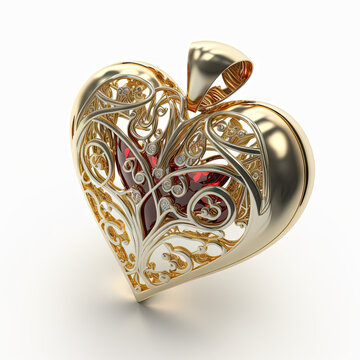 beautiful golden love locket inside red diamond heart 3d rendered 4k jewellery