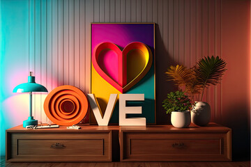 heart-shaped wall art with love text in a colourful room 3d rendered realistic