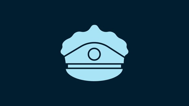 White Police cap with cockade icon isolated on blue background. Police hat sign. 4K Video motion graphic animation