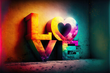 valentine's day colourful love text on wall 3d image
