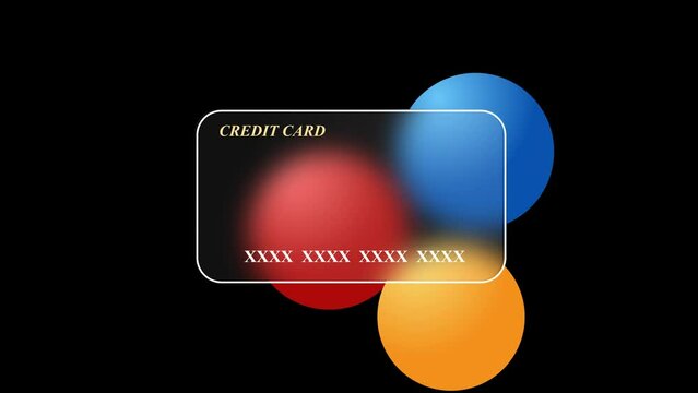 Abstract image of a bank card with colored blurred balls on a black background. Video animation.