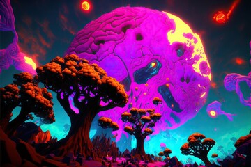Vibrant and chaotic alien world with swirling neon gas storms. Kaleidoscope of colors. Massive, otherworldly forests made up of crystalline trees that gleam in the multihued light. Generative AI.