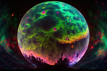 Vibrant and chaotic alien world with swirling neon gas storms. Kaleidoscope of colors. Massive, otherworldly forests made up of crystalline trees that gleam in the multihued light. Generative AI.