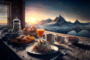 Breakfast with Mountain View Landscape - Generative AI