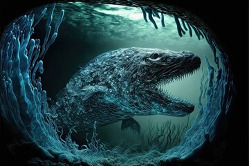 Aquatic monsters in the deep sea, made of strange, translucent gel. Perfect for fantasy and monster-related concepts. Generative AI.