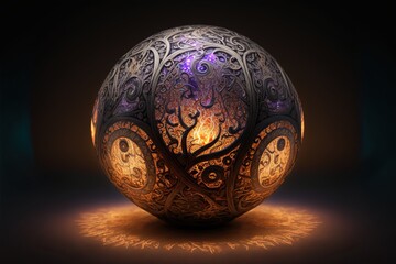 Magical fantasy orb with intricate patterns and symbols, and a glowing aura. Isolated on black background. Generative AI. - obrazy, fototapety, plakaty