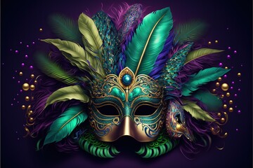 Colorful Mardi Gras mask with beads and feathers decor on a background, perfect for carnival, Mardi Gras, party, celebration, and theme-related concepts. Generative AI.
