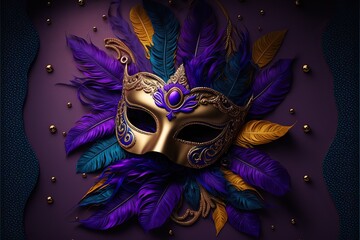 Colorful Mardi Gras mask with beads and feathers decor on a background, perfect for carnival, Mardi Gras, party, celebration, and theme-related concepts. Generative AI.