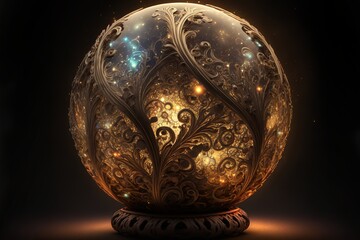 Magical fantasy orb with intricate patterns and symbols, and a glowing aura. Isolated on black background. Generative AI.
