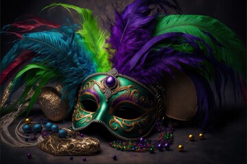Colorful Mardi Gras mask with beads and feathers decor on a background, perfect for carnival, Mardi Gras, party, celebration, and theme-related concepts. Generative AI. - obrazy, fototapety, plakaty