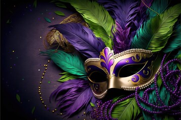 Colorful Mardi Gras mask with beads and feathers decor on a background, perfect for carnival, Mardi Gras, party, celebration, and theme-related concepts. Generative AI. - obrazy, fototapety, plakaty