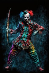 Psychotic killer clown with a twisted grin dripping blood. Generative AI.