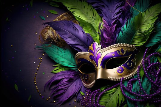 Colorful Mardi Gras mask with beads and feathers decor on a background, perfect for carnival, Mardi Gras, party, celebration, and theme-related concepts. Generative AI.