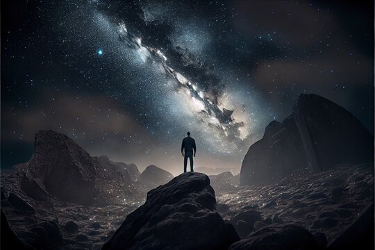 Night time image of person standing in a high place looking up in wonder at the Milky Way galaxy, perfect for night sky, astronomy, and nature-related concepts. Generative AI.